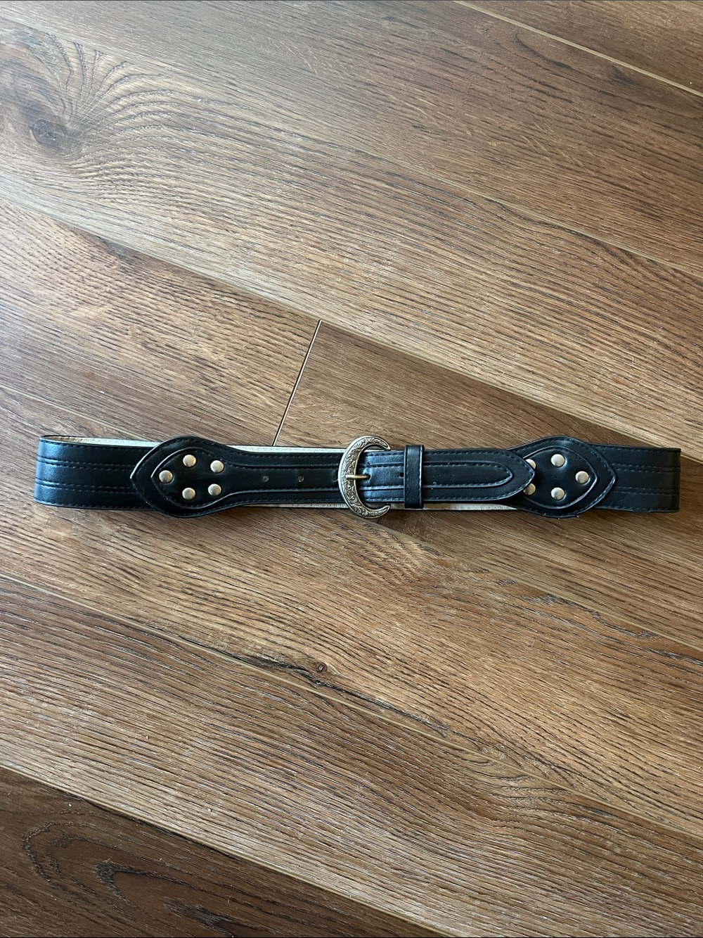 Genuine Leather Belt with Silver Toned Buckle and Studs